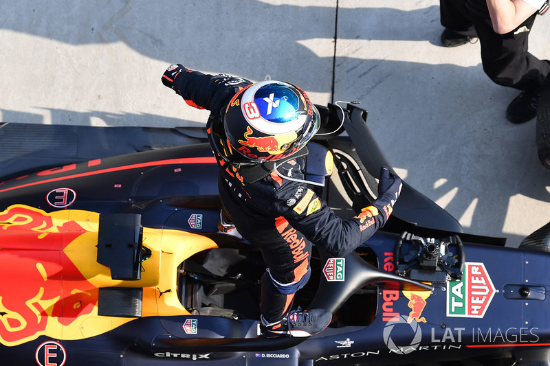 Race winner Daniel Ricciardo, Red Bull Racing RB14 celebrates in  parc ferme