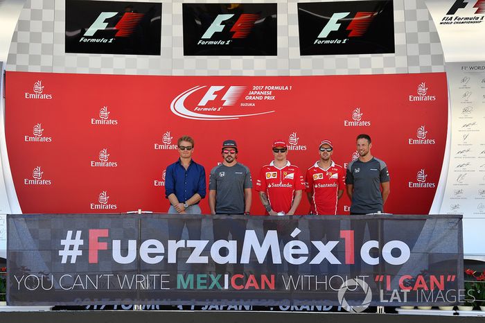 Nico Rosberg, Mercedes-Benz Ambassador, Fernando Alonso, McLaren, Kimi Raikkonen, Ferrari, Sebastian Vettel, Ferrari y Jenson Button, McLaren en el podio con el #FuerzaMex1co