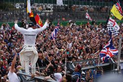  Race winner Lewis Hamilton, Mercedes AMG F1, celebrates a home race victory, the fans