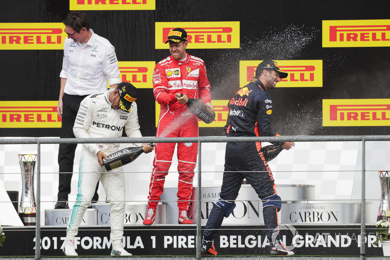 Podium: second place Sebastian Vettel, Ferrari, Race winner Lewis Hamilton, Mercedes AMG F1, third place Daniel Ricciardo, Red Bull Racing