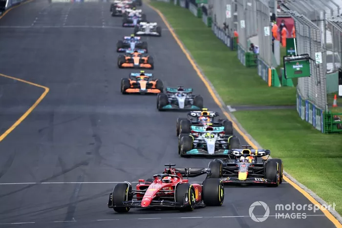 Charles Leclerc, Ferrari F1-75, Max Verstappen, Red Bull Racing RB18, Lewis Hamilton, Mercedes W13, Sergio Pérez, Red Bull Racing RB18, George Russell, Mercedes W13, Lando Norris, McLaren MCL36, Daniel Ricciardo, McLaren MCL36