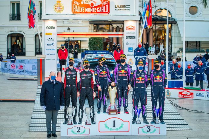 Podium: Winners Sébastien Loeb, Isabelle Galmiche, M-Sport Ford World Rally Team Ford Puma Rally1, second place Sébastien Ogier, Benjamin Veillas, Toyota Gazoo Racing WRT Toyota GR Yaris Rally1, third place Craig Breen, Paul Nagle, M-Sport Ford World Rally Team Ford Puma Rally1