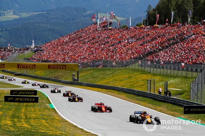 Lando Norris, McLaren MCL34, Sebastian Vettel, Ferrari SF90, Max Verstappen, Red Bull Racing RB15, Pierre Gasly, Red Bull Racing RB15