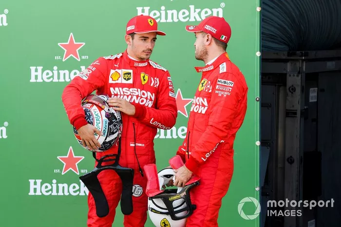 Front row starters Charles Leclerc, Ferrari, and pole man Sebastian Vettel, Ferrari, after Qualifying