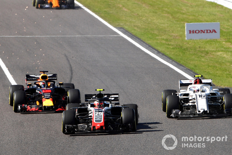 Kevin Magnussen, Haas F1 Team VF-18, Charles Leclerc, Sauber C37 e Daniel Ricciardo, Red Bull Racing RB14