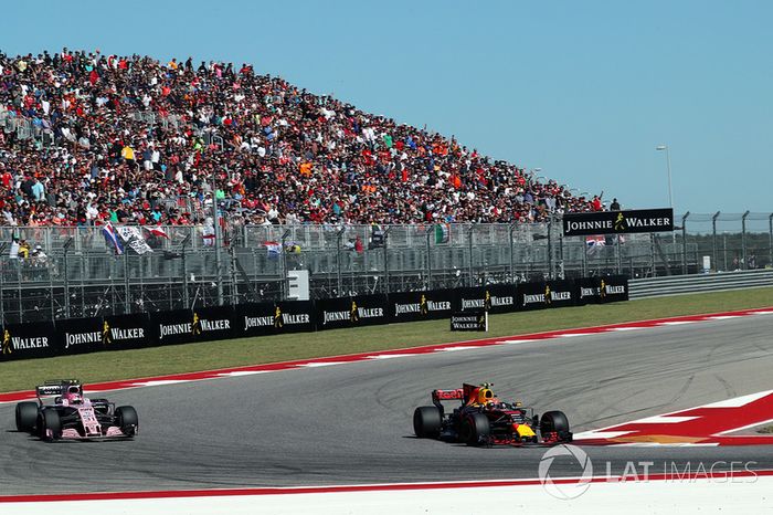 Max Verstappen, Red Bull Racing RB13 y Esteban Ocon, Sahara Force India VJM10