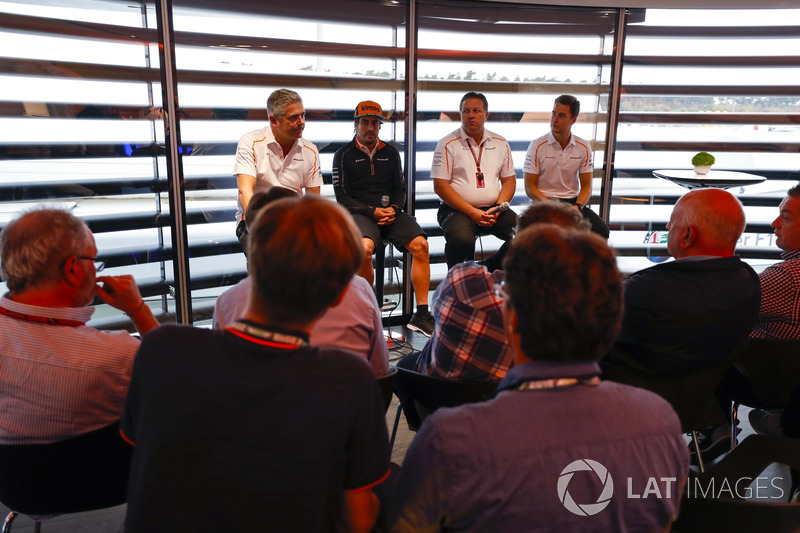 Fernando Alonso, McLaren, Zak Brown, Executive Director, McLaren Technology Group, and Stoffel Vandoorne, McLaren, hold a Press Conference