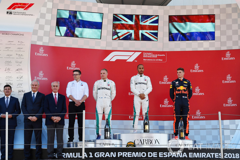 Espagne - Podium : Lewis Hamilton, Valtteri Bottas, Max Verstappen