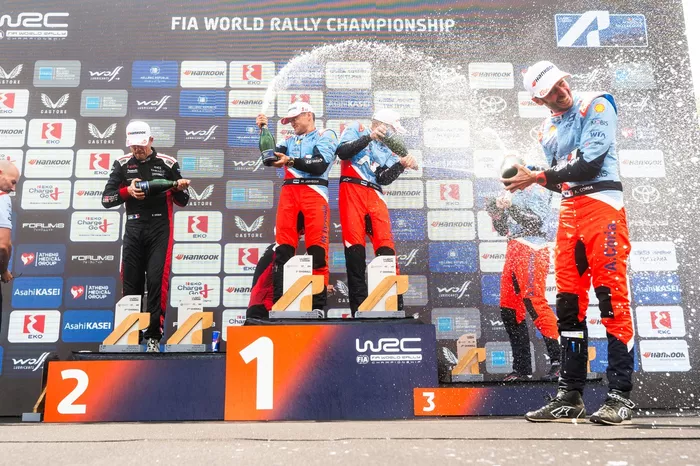 Podium: Winners Ott Tänak, Martin Järveoja, Hyundai World Rally Team Hyundai i20 N Rally1, second place Sébastien Ogier, Vincent Landais, Toyota Gazoo Racing WRT Toyota GR Yaris Rally1, third place Adrien Fourmaux, Alexandre Coria, Hyundai World Rally Tea