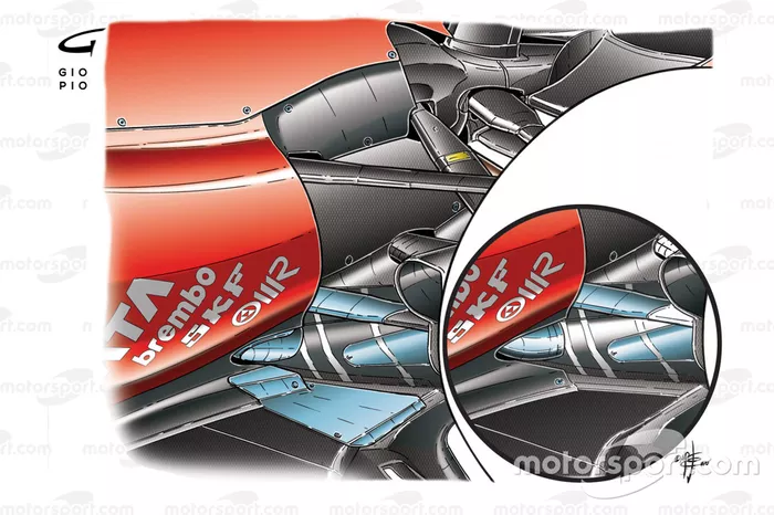 Ferrari F10 lowline exhaust changes (old specification inset) tailpipe revised and metal spatter plate added to floor to reduce warp