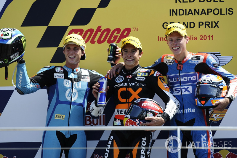 Podium: second place Pol Espargaro, Race winner Marc Marquez, third place Tito Rabat