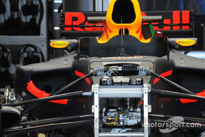 Detalhe da suspensão dianteira do Red Bull RB13
