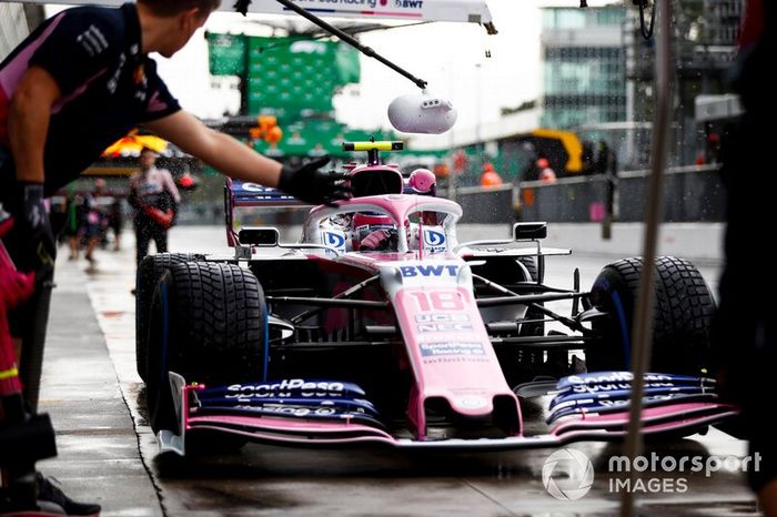 Lance Stroll, Racing Point RP19, durante una práctica de pitstop