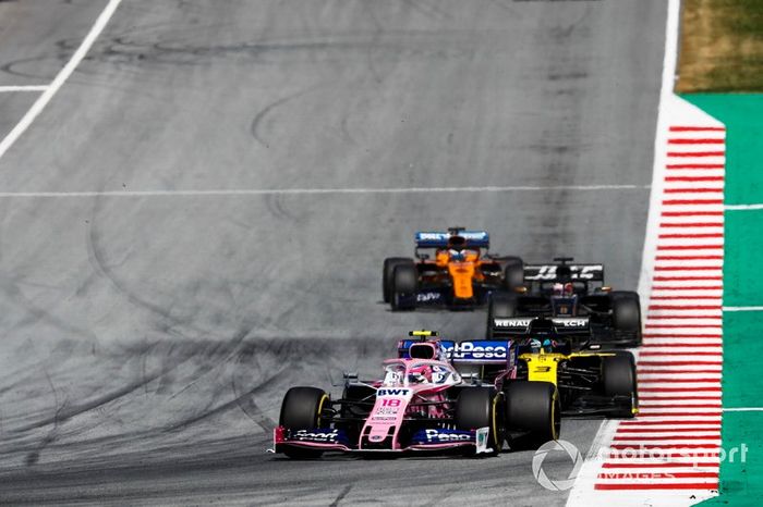Lance Stroll, Racing Point RP19, Daniel Ricciardo, Renault F1 Team R.S.19, Romain Grosjean, Haas F1 Team VF-19, y Carlos Sainz Jr., McLaren MCL34