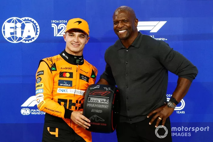 Pole man Lando Norris, McLaren F1 Team, receives his Pirelli Pole Position Award from Terry Crews