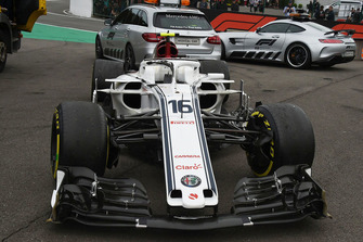 The crashed car of race retiree Charles Leclerc, Sauber C37 with damaged halo