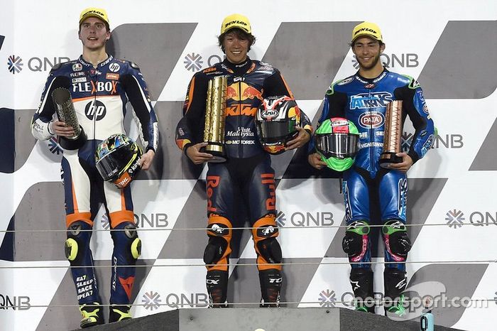 Podio: ganador de la carrera Tetsuta Nagashima, Red Bull KTM Ajo, segundo lugar Lorenzo Baldassarri, Pons HP40, tercer lugar Enea Bastianini, Italtrans Racing Team



