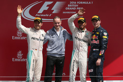 The podium (L to R): Nico Rosberg, Mercedes AMG F1, second; Lewis Hamilton, Mercedes AMG F1, race winner; Max Verstappen, Red Bull Racing, third