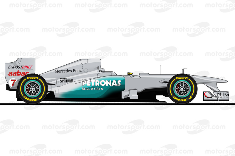 La Mercedes W02 pilotée par Michael Schumacher en 2011<br/> Reproduction interdite, exclusivité Moto