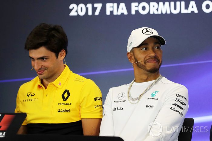Carlos Sainz Jr., Renault Sport F1 Team, Lewis Hamilton, Mercedes AMG F1 y Brendon Hartley, Scuderia Toro Rosso en conferencia de prensa