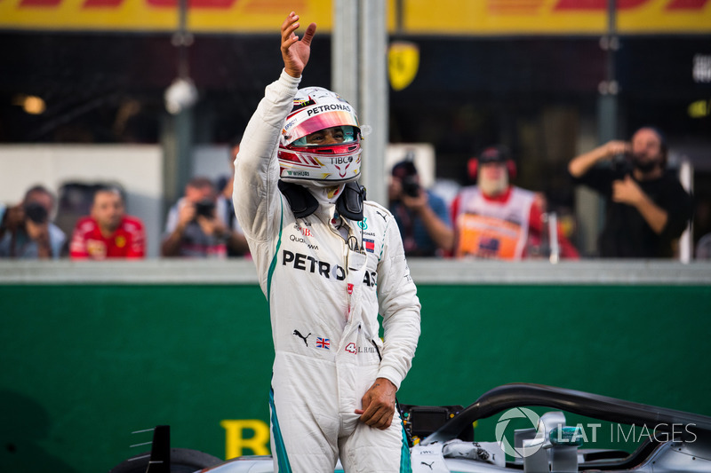 Pole sitter Lewis Hamilton, Mercedes-AMG F1 celebrates in parc ferme