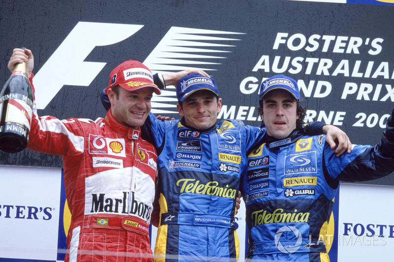 Podium: Race winner Giancarlo Fisichella, Renault F1 Team, second place Rubens Barrichello, Ferrari, third place Fernando Alonso, Renault F1 Team