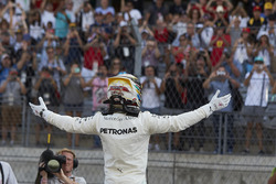 Lewis Hamilton, Mercedes AMG F1, celebrates after securing pole position