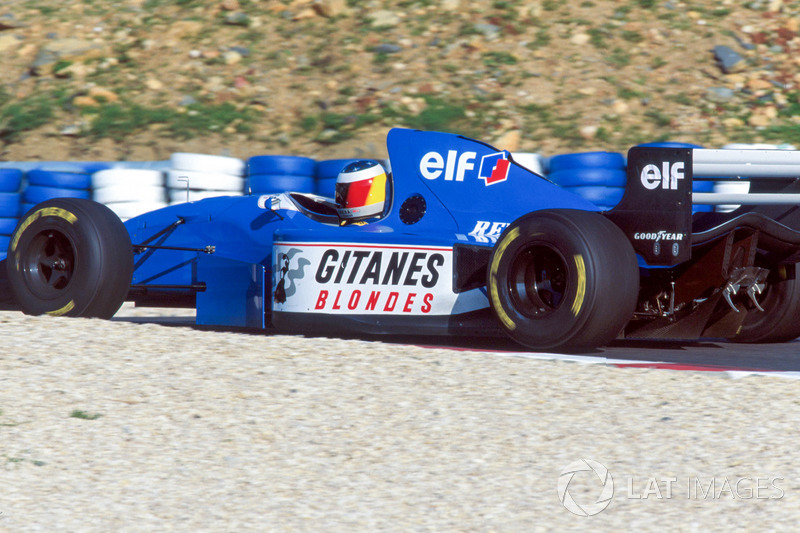 Michael Schumacher tests the Ligier JS39B Renault to evaluate the Renault V10 engine