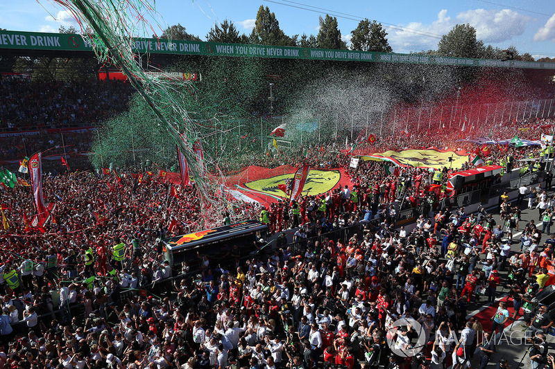Ferrari fans and flags at the podium celebrations