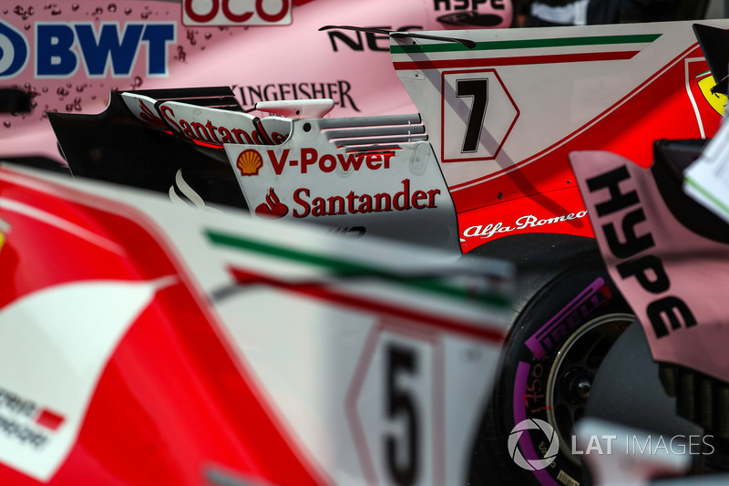 Rear wing detail of Sebastian Vettel, Ferrari SF70H in parc ferme