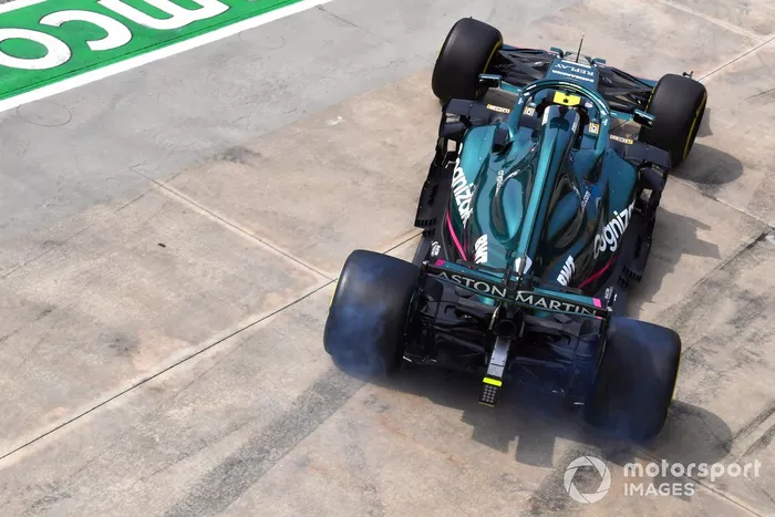 Sebastian Vettel, Aston Martin AMR21, leaves the pits