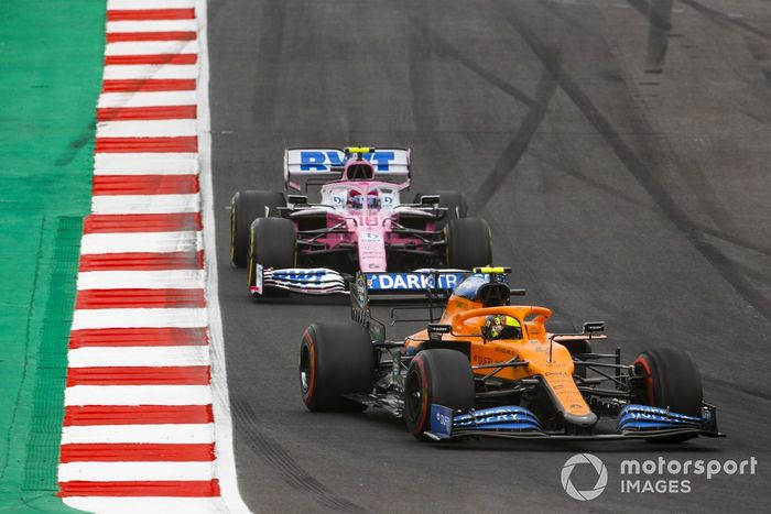 Lando Norris, McLaren MCL35, Lance Stroll, Racing Point RP20