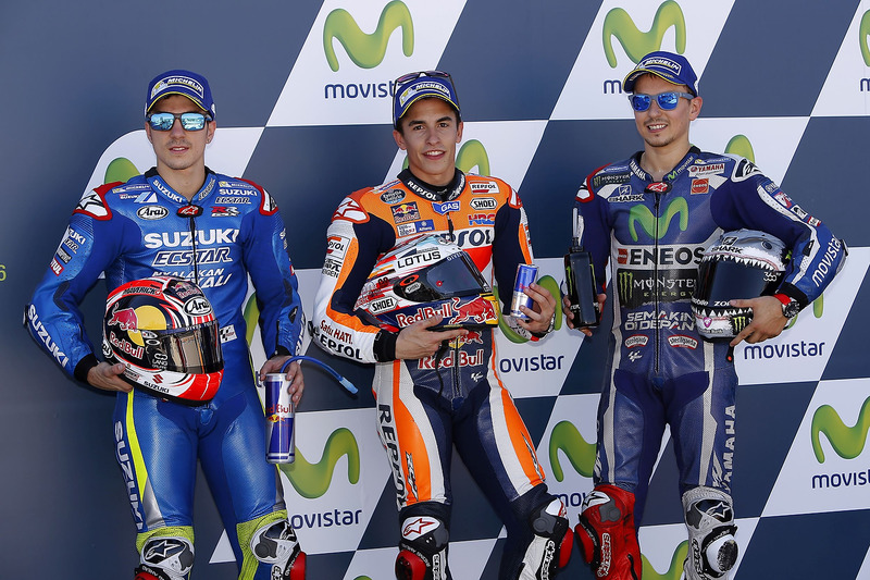 Polesitter Marc Marquez, Repsol Honda Team, second place Maverick Viñales, Team Suzuki Ecstar MotoGP, third place Jorge Lorenzo, Yamaha Factory Racing