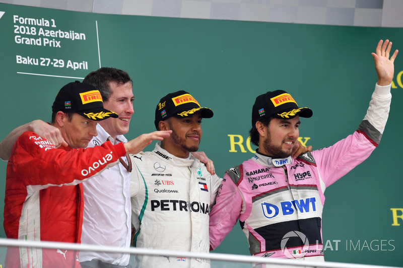 Podium: race winner Lewis Hamilton, Mercedes-AMG F1, second place Kimi Raikkonen, Ferrari, third place Sergio Perez, Force India