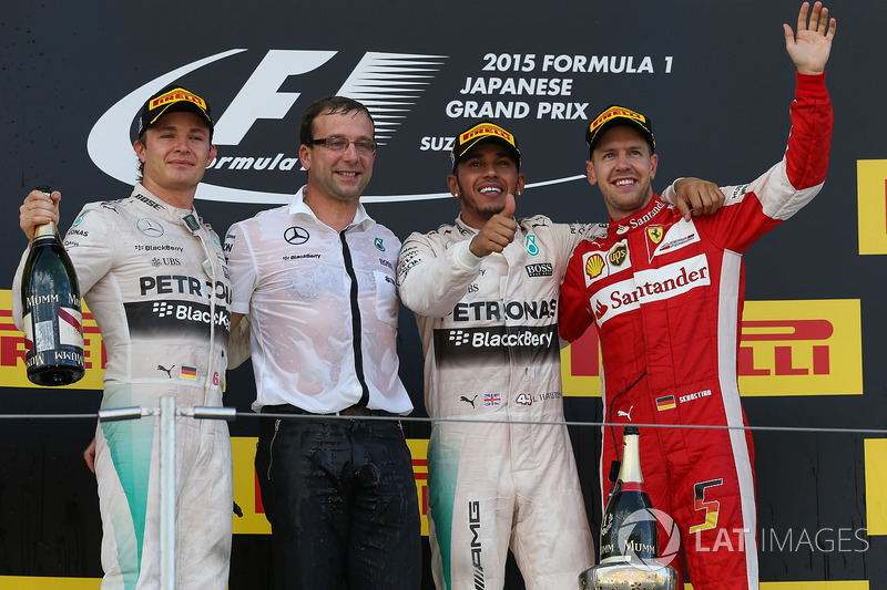 Nico Rosberg, Mercedes AMG F1, race winner Lewis Hamilton, Mercedes AMG F1 and Sebastian Vettel, Ferrari celebrate on the podium