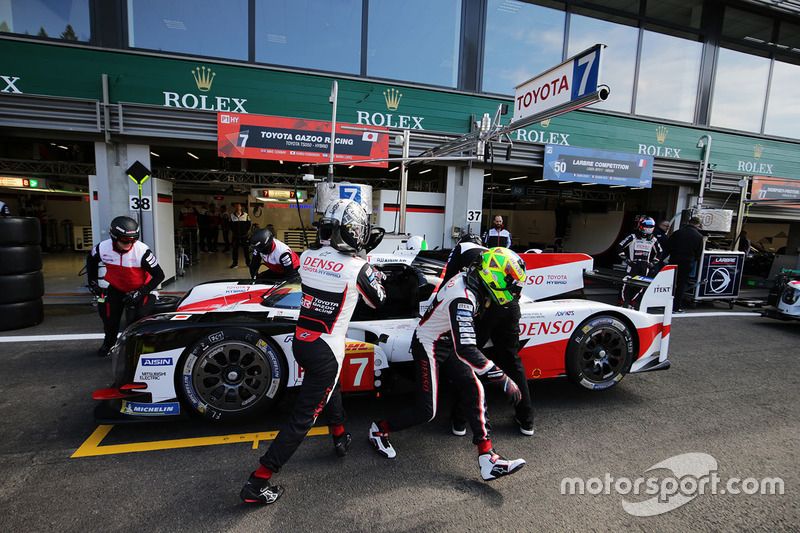 #7 Toyota Gazoo Racing Toyota TS050: Mike Conway, Kamui Kobayashi, Jose Maria Lopez, in the pitlane