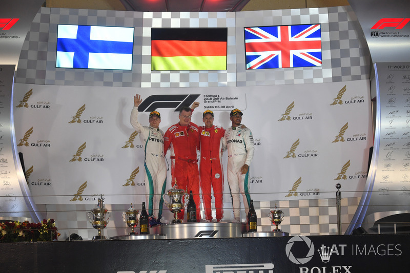 (L to R): Valtteri Bottas, Mercedes-AMG F1, Sebastian Vettel, Ferrari and Lewis Hamilton, Mercedes-AMG F1 celebrate on the podium