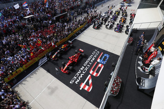 Lewis Hamilton, Mercedes AMG F1, Race winner, Kimi Raikkonen, Ferrari and Max Verstappen, Red Bull Racing on the podium