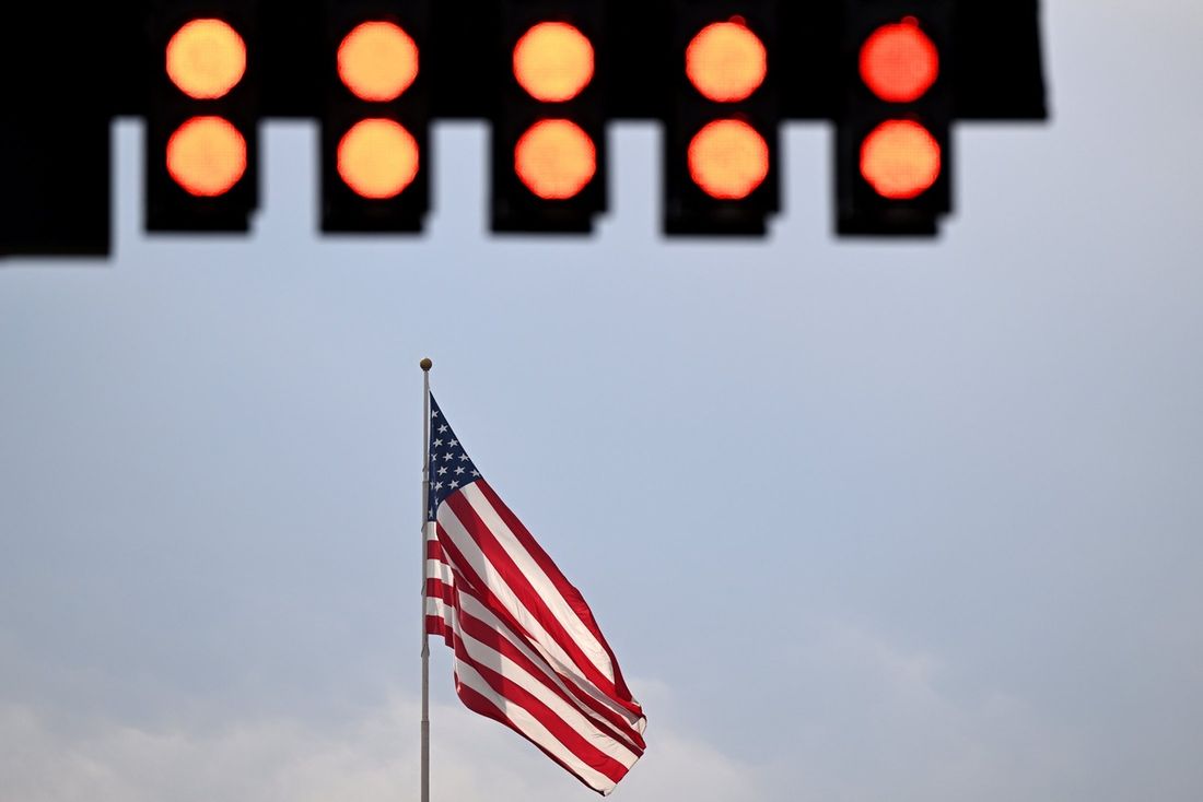 A general view as the flag of the United States waves trackside