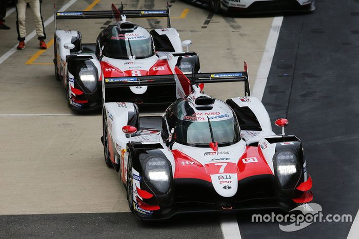 #7 Toyota Gazoo Racing Toyota TS050: Mike Conway, Kamui Kobayashi, Jose Maria Lopez, #8 Toyota Gazoo Racing Toyota TS050: Sebastien Buemi, Kazuki Nakajima, Fernando Alonso, in the pitlane