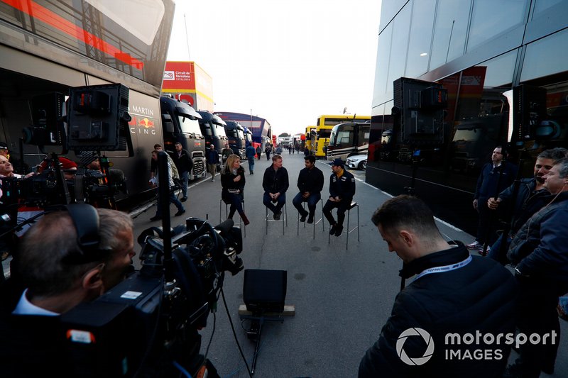 Rachel Brooks, Sky TV, Simon Lazenby, Sky TV, Karun Chandhok, Sky TV and Sergio Perez, SportPesa Racing Point F1 Team