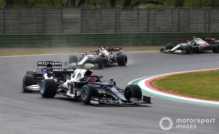 Pierre Gasly, AlphaTauri AT02, George Russell, Williams FW43B, and Kimi Raikkonen, Alfa Romeo Racing C41