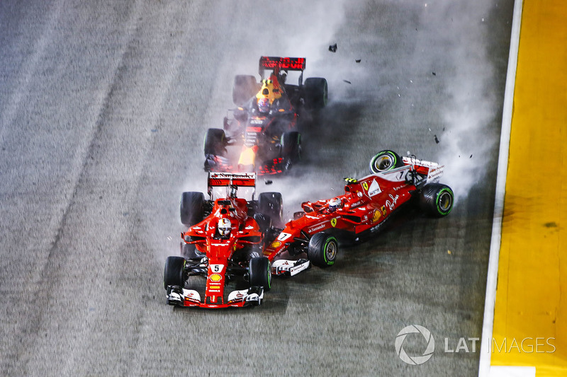 L'incidente di Sebastian Vettel, Ferrari SF70H, Max Verstappen, Red Bull Racing RB13, Kimi Raikkonen, Ferrari SF70H alla partenza