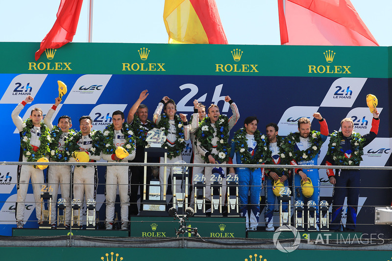 Podium: race winners Timo Bernhard, Earl Bamber, Brendon Hartley, Porsche Team, second place Ho-Pin Tung, Oliver Jarvis, Thomas Laurent, DC Racing, third place Mathias Beche, David Heinemeier Hansson, Nelson Piquet Jr., Vaillante Rebellion Racing