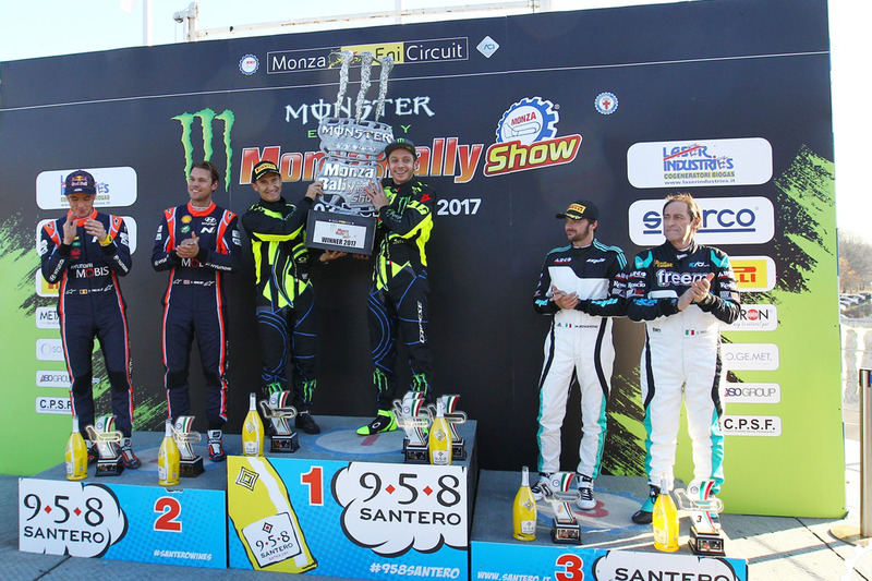 Ganadores, Valentino Rossi, Carlo Cassina, Ford Fiesta WRC, segundo, Andreas Mikkelsen, Thierry Neuville, Hyundai NG i20 WRC, tercero, Marco Bonanomi, Gigi Pirollo, Citroën DS3 WRC