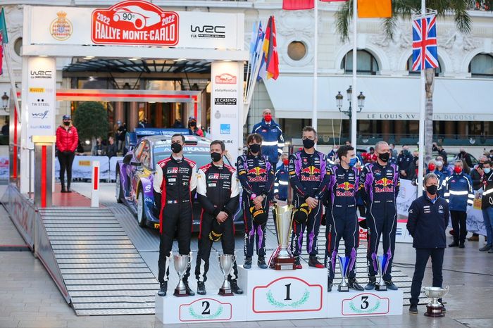 Podium: Winners Sébastien Loeb, Isabelle Galmiche, M-Sport Ford World Rally Team Ford Puma Rally1, second place Sébastien Ogier, Benjamin Veillas, Toyota Gazoo Racing WRT Toyota GR Yaris Rally1, third place Craig Breen, Paul Nagle, M-Sport Ford World Rally Team Ford Puma Rally1