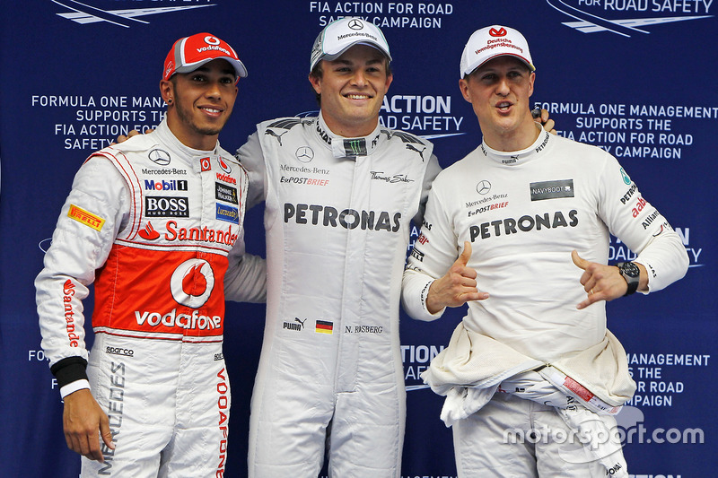 Polesitter Nico Rosberg, Mercedes AMG F1, second place Lewis Hamilton, McLaren Mercedes, third place Michael Schumacher, Mercedes AMG F1