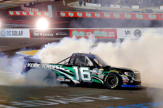 Brett Moffitt, Hattori Racing Enterprises, Toyota Tundra KOBE celebrates his win with a burnout