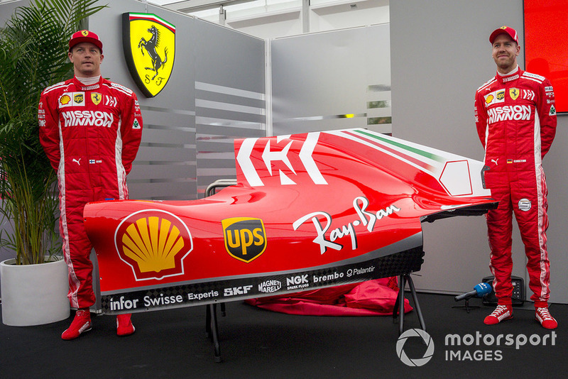 Sebastian Vettel, Kimi Raikkonen, Ferrari, présentent la livrée Mission Winnow