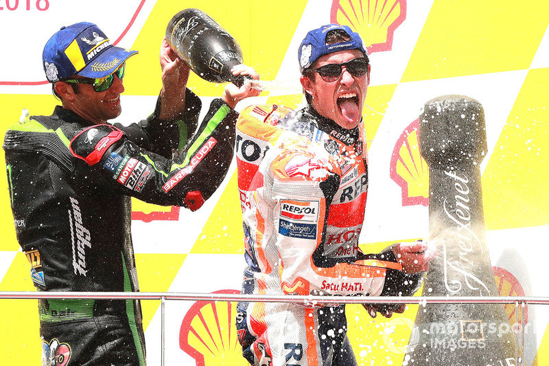 Podium: Pemenang balapan, Marc Marquez, Repsol Honda Team, finis ketiga, Johann Zarco, Monster Yamaha Tech 3